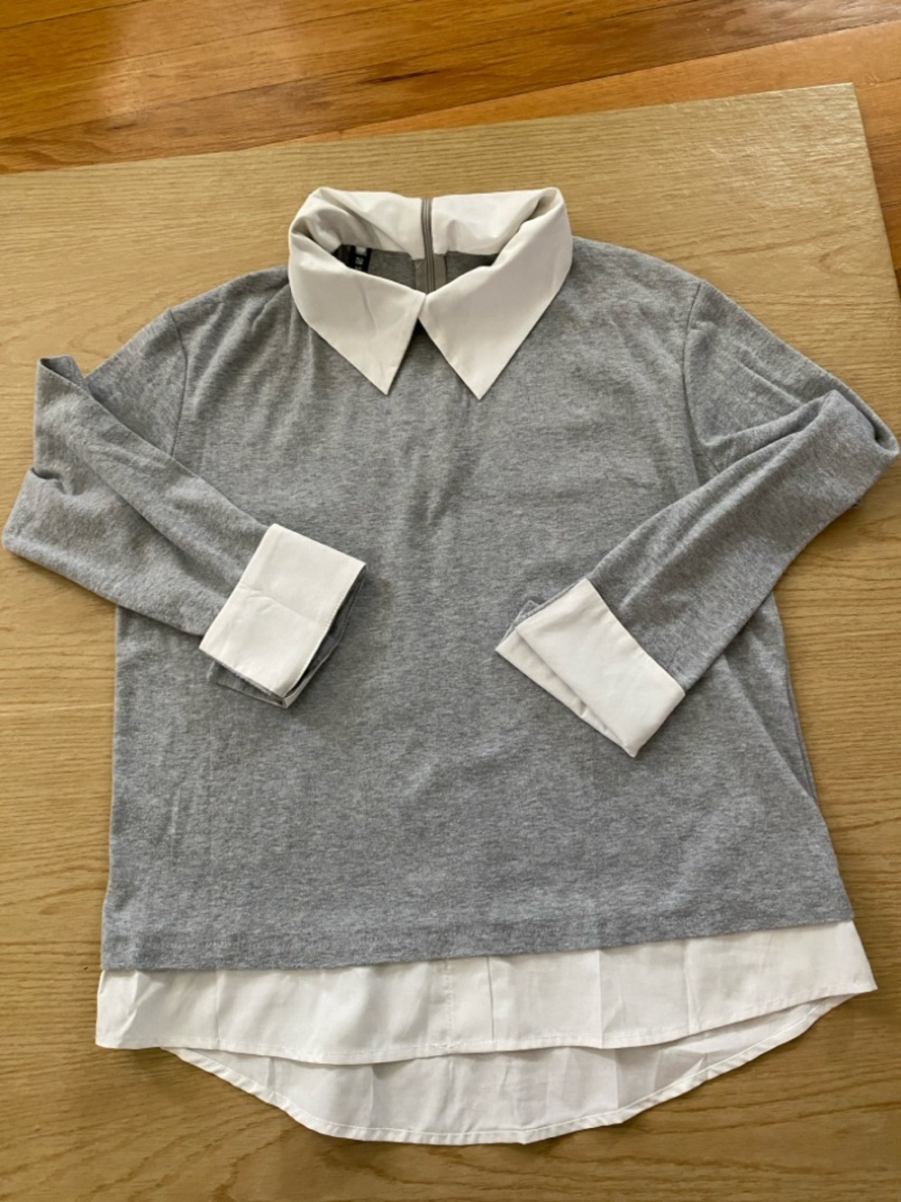 Women’s  Grey Layered-Look Top with White Collar, Hem and cuffs